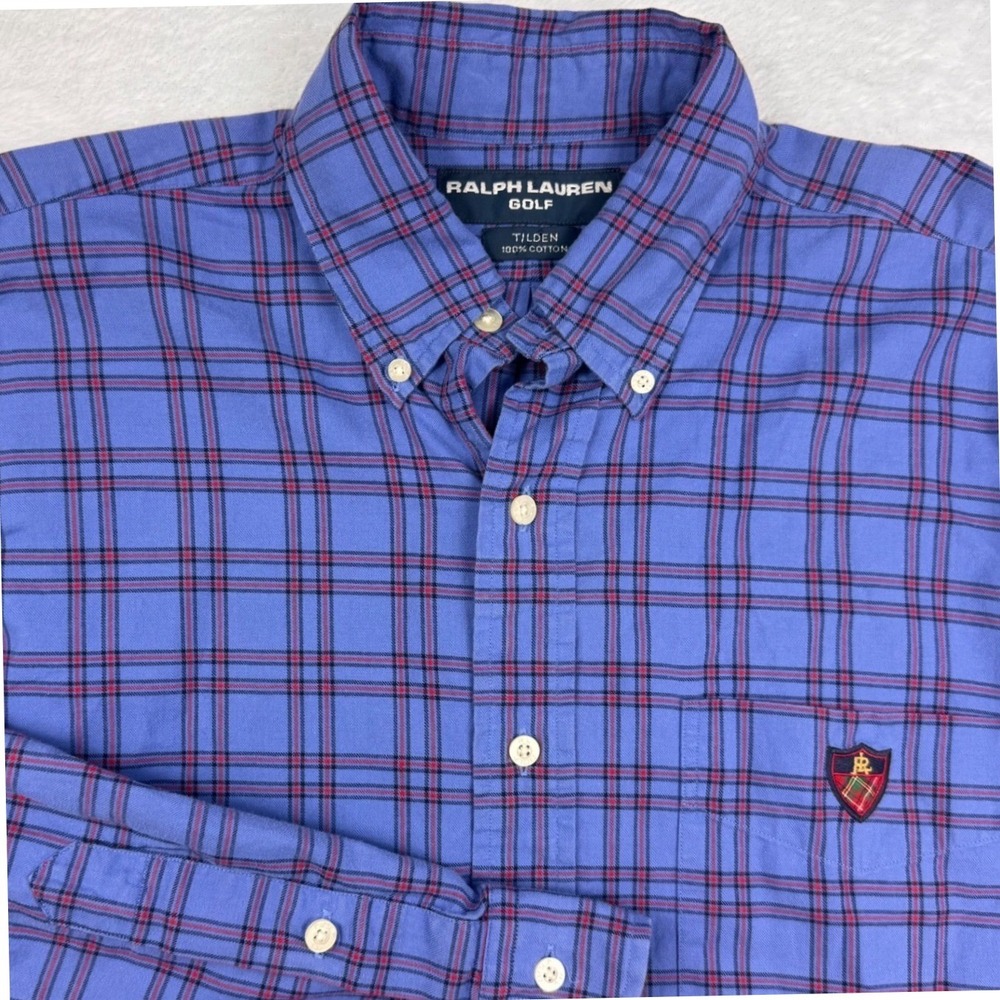 Ralph Lauren Golf Tilden Shirt Mens Medium Blue Red Plaid Long Sleeve ButtonDown